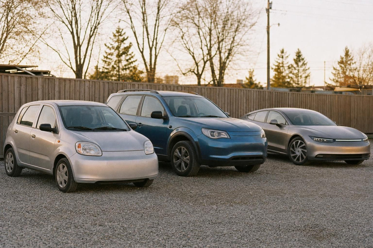Three different older electric cars with closed fronts on a used-car lot in late afternoon