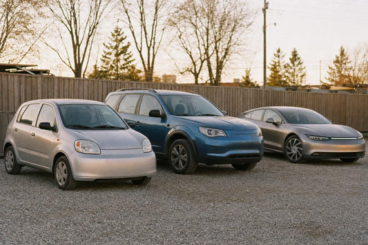 Three different older electric cars with closed fronts on a used-car lot in late afternoon